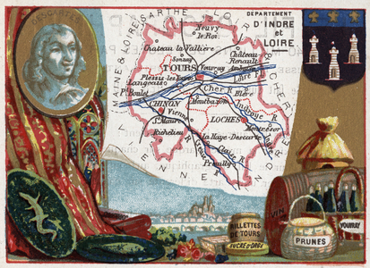 L'Indre et Loire (Indre-Et-Loire, 37), Centre, France. Tour rillettes, Barley sugar, plums, vouvray and wine. Portrait of Rene Descartes (1596-1650), French philosopher. Series on the French Departments. Chromolithography (Chromo) “” the geographic thread””, circa 1920. Private collection.
