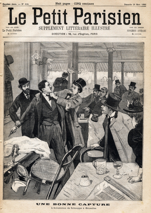 Arrest of the anarchist Placid Schouppe in Brussels, Belgium in a bistro. One of the newspaper “” Le Petit Parisien”” on 26/03/1893.
