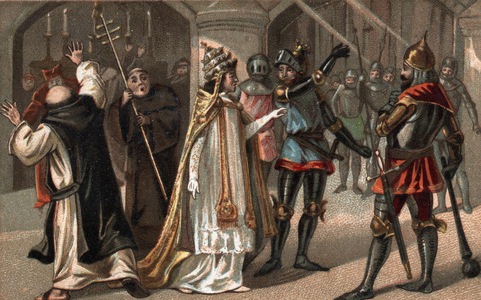 Sciarra Colonna slapping Pope Boniface VIII across the face, 1303 - Anagni Attack (Schiaffo di Anagni, oltraggio di Anagni): Sciarra Colonna tries to slam Boniface VIII (Benedetto Caetani dit Bonifacio VIII, 1230-1303) in Anagni on 8 September 1303. Chromolithography of the late 19th century.