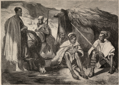 Kabyl tribes in Algeria in 1857. Engraving after the drawing by Jules Rigo“Le Monde illustrious" from 1857.