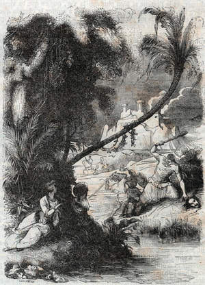 Battle of Griffon and Aquilant against Orrile - engraving of 1851 from “” Furious Roland”” (Orlando furioso) (16th century) by Ludovico Ariosto, known as the Ariosta - Edition translated from Italian by the Count of Tressan and published by Gustave Harvard 1851