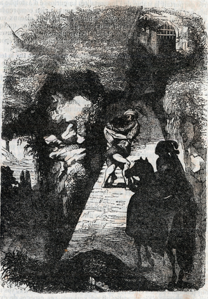 Struggle between Roland and Rodomont - engraving of 1851 from “” Furious Roland”” (Orlando furioso) (16th century) by Ludovico Ariosto, known as the Ariosta - Edition translated from Italian by the Count of Tressan and published by Gustave Harvard 1851