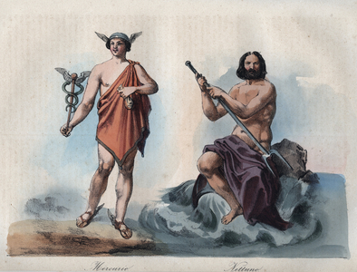Mercurius (Hermes) and Neptune (Poseidon) - engraving from “” Usi e Costumi di Tutti i i Popoli dell'Universo. Ovvero Storia del governo, delle leggi, della milizia, della religione di tutte le nazioni dai piu remoti tempi fino ai giorni nostri” 1856