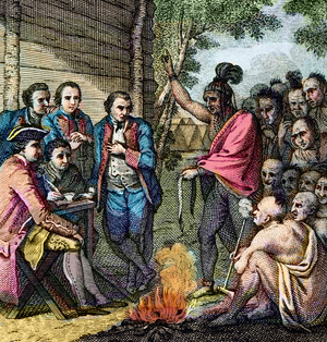 British general Henry Bouquet's council with the Native Americans during Pontiac's War, 1763 - Colonel Henry Bouquet held a council with the Indians of America during the Pontiac War in 1763