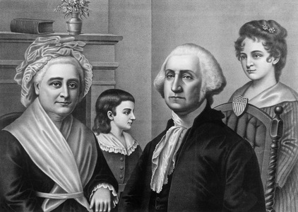 George Washington with his wife Martha Washington and children in Mount Vernon, c. 1880 (engraving)