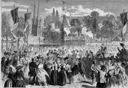 Breton Ball on the Battlefield at Quimper (Finistere, 29) in the presence of Napoleon III (1808-1873) and the Impress Eugenie (1826-1920). Engraving in “” Le Monde Illustré”” n°72 of August 28, 1858.