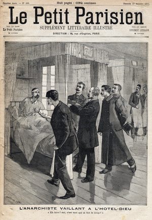 Interrogation of the anarchist Auguste Vaillant (1861-1894) at the Hotel dieu which confesses the attack he committed on December 9, 1893 at the deputes room at the Palais Bourbon. One of the newspaper " Le petit Parisien”” on 24/12/1893.