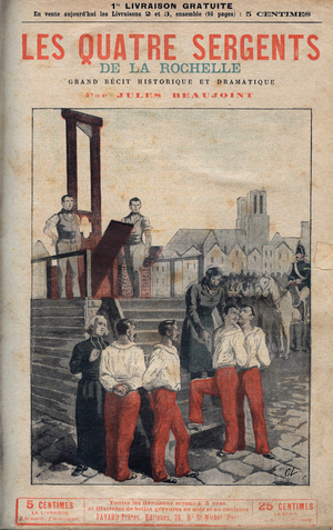 Les Quatre Sergeants, Jean Joseph Pommier, Marius Claude Raoulx and Charles Goubin de La Rochelle lead to the execution, c.1900 (engraving)
