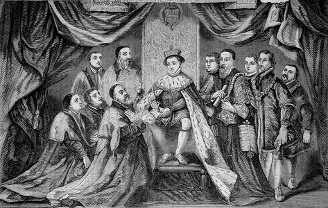 Edward VI (1547 -1553), King of England, granting a privilege by signing a charter to Bridewell - according to Hans Holbein.