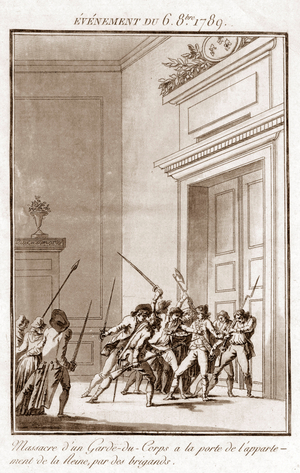 French Revolution - Event of October 6, 1789: massacre of a bodyguard at the door of the Queen's apartment by robbers (engraving)