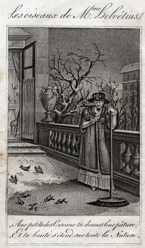 Les oiseaux de Madame Helvetius (Anne Catherine Helvetius) in “” Conseils a ma fille “” by Jean Nicolas Bouilly (1763-1842). 1820. Private collection.