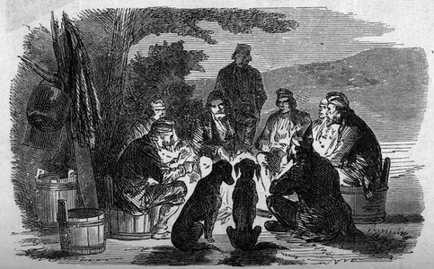 Corsican custom, 1865: the shepherd auspicious. A shepherd reads and interprets the bowels of an animal around a campfire. Engraving in “” Histoire de la Corsica illustree””” by the abbe Jean Ange Galeti published in “Le Monde Illustré”” n°424 of 27 May 1865.