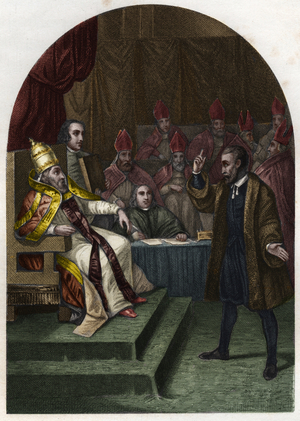 Galilee (or Galileo Galilei (1564-1642) before Pope Urban VIII in 1633. (Urbano 8 Maffeo Barberini) Engraving of 1842 in “Histoire des popes”” by Maurice Lachatre. Private collection.