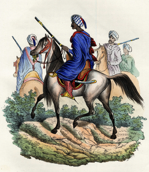 Moorish gendarmes charged with the police of Algiers by the French army of Africa, trained in 1831 and dissolved in 1841. In “” Storia d'Algeri””, Leone Galibert, vol. 2, 1847
