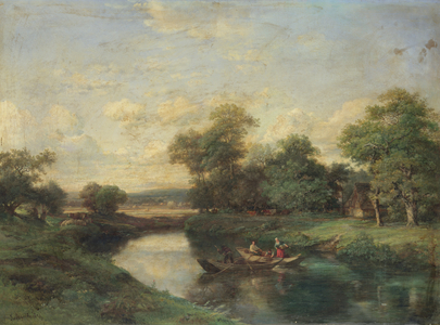 Landscape at the edge of a river (oil on canvas)