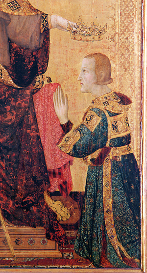 St. Louis of Toulouse (1274-97) crowning his brother, Robert of Anjou (1278-1343) from the Altar of St. Louis of Toulouse, 1317 (tempera on panel) (detail of 183716)
