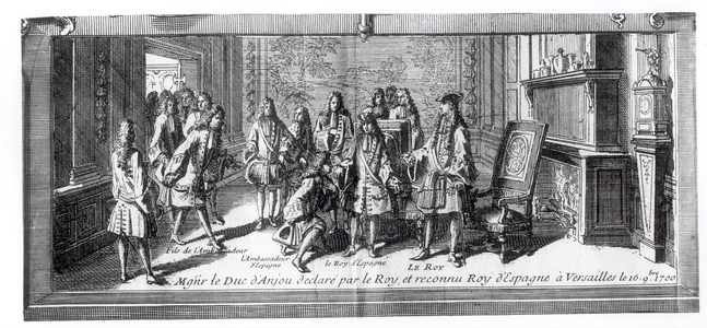 Philippe de France (1683-1746) Duke of Anjou, recognised as King of Spain by Louis XIV (1638-1715) King of France, 16th September 1700, at Versailles (engraving) (b/w photo)