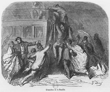 The Bastille omnibus, illustration from 'Le Nouveau Paris' by Emile Gigault de La Bedolliere (1812-83) (engraving) (b/w photo)