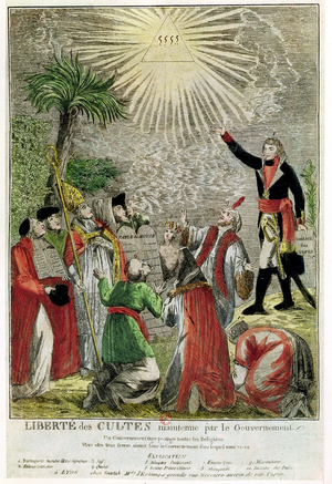 Freedom of Worship during the period of Napoleon's consulship, depicting Napoleon pointing towards the Supreme Being, 1799  (colour engraving)