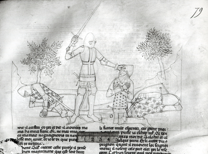Ms Fr 343 f.79 Arming a knight on a battlefield, from 'Lancelot du Lac' (vellum)