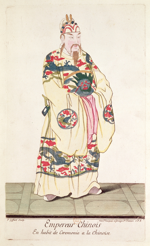 Chinese Emperor in Ceremonial Costume, from 'Estat Present de la Chine' by Pere Bouvet, 1697 (coloured engraving)