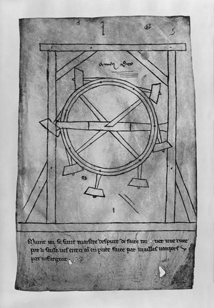 Supposedly perpetual motion mallets and wheel (facsimile copy) (pen & ink on paper)