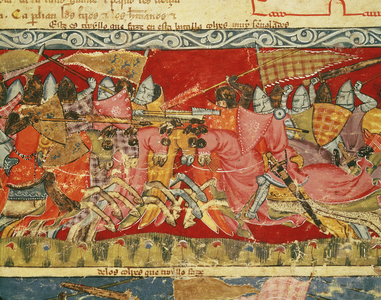 Fol.110r Battle between Greeks and Trojans, from the Codex Benito Santa Mora (vellum)