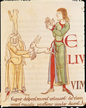 Ms 173 f.66r Initial 'H' in the form of two conjurors, from Moralia in Job by Pope Gregory the Great, Burgundian School (vellum)