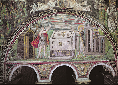 Abel offering a lamb and Melchisedech offering bread at the Altar, lunette on the South wall of the basilica (mosaic)