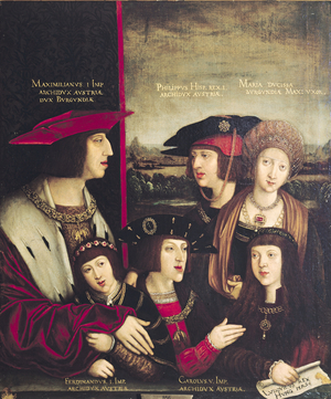 The Emperor Maximilian I (1459-1519) with his wife Mary of Burgundy, and his sons Charles V (1500-58) and Philip I (1478-1506) (oil on panel)