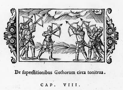 Scandinavians using their arrows to ward off thunder, from 'Historia de Gentibus Septentrionalibus' by Olaus Magnus (1490-1557) published in Rome, 1555 (woodcut) (b/w photo)