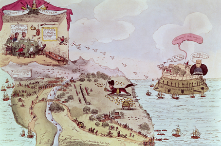 The Fox and the Goose; or Boney Broke Loose !', cartoon of the Congress of Vienna and Napoleon's escape from Elba, pub. 1815 (hand coloured engraving)