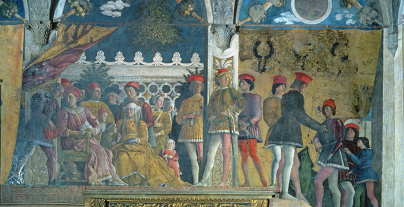 Marchese Ludovico Gonzaga III, his wife Barbara of Brandenburg, their children, courtiers and their dog Rubino, from the Camera degli Sposi or Camera Picta, 1465-74 (fresco)