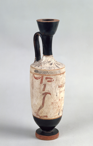 Attic white ground lekythos depicting a young girl presenting a funerary offering, c.420 BC (pottery)