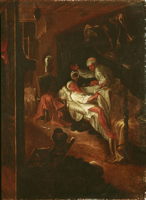 La Rancune Maliciously Pours her Chamber Pot over the Merchant from the Bas-Maine, from 'Roman Comique' by Paul Scarron (1610-60) 1712-16 (oil on canvas)