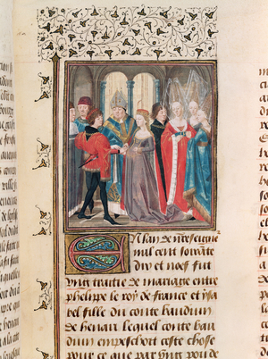 Ms. 149 t.3 fol.88 The Marriage of Philippe Auguste (1165-1223) King of France and Isabelle of Hainault, daughter of Count Baudouin (vellum)