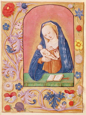 Ms 20 fol.42v The Virgin and Child playing with a rosary, from a Book of Hours, early 15th century (vellum)