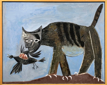 Cat grabbing a bird, 22 April 1939 (oil on canvas)