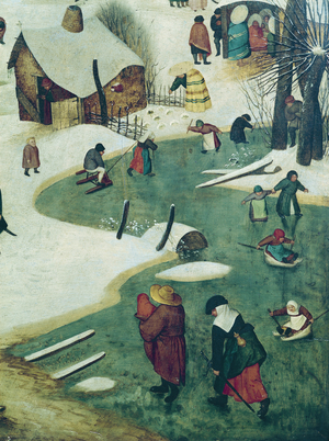 The Census at Bethlehem, detail of children playing on the frozen river (oil on canvas)