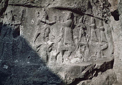 Detail of reliefs from Chamber A depicting the mystic marriage of the storm god, Teshub and the earth-mother goddess, Hepat (photo)