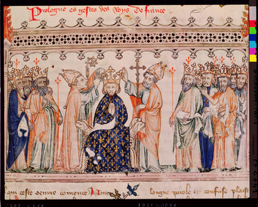 Ms.1469 f.1 The Consecration of Philippe III le Hardi (1245-85) King of France, from the Grandes Chroniques de France, 1375-79 (vellum)