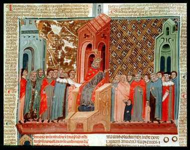Emperor Justinian (483-565) and his court, from 'Justinianus Istitutiones' (vellum)