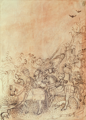 John of Gonzague and his courtiers in a montainous landscape, from the Vallardi Album (pen & ink on paper)