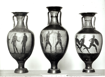 Three Panathenaic amphorae depicting an athlete receiving a trophy, Boxers and Athletes, 580-520 BC (ceramic) (b/w photo)