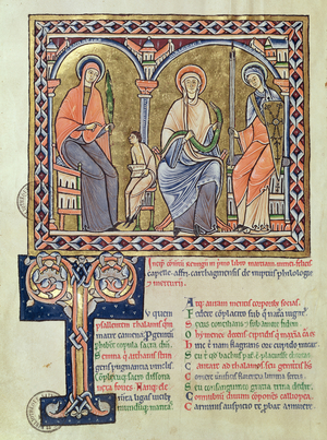 Ms 1041 f.1v Grammar, Dialect and Rhetoric from 'Satyricon' by Martianus Capella, c.1200 (vellum)