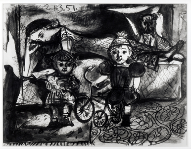 Portrait of Francoise Gilot with Paloma and Claude, 21st March 1951 (pen & ink and wash on paper) (b/w photo)