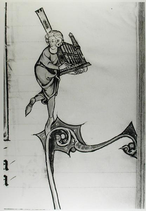 Ms Fr 95 fol.273 Musician Playing a Portative Organ, from 'l'Histoire de Merlin', c.1280-90 (vellum) (b/w photo)