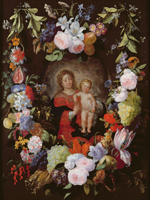 The Virgin and Child with a Garland of Flowers (oil on panel)