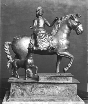 Statuette of Epona, Gaulish Goddess, protector of horses, riders and travellers, from La Sarrazine, Jura, c.50 BC-400 AD (bronze) (b/w photo)