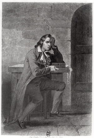 Gracchus Babeuf (1760-97) stabbing himself (engraving) (b/w photo)